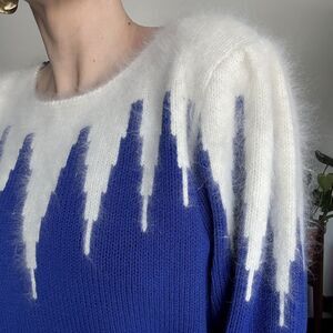 Vintage 80s Angora Blend Sweater | Blue White 90s Fuzzy Knit, Shoulder Pads